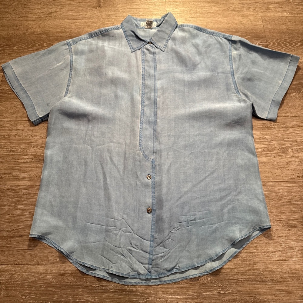 Express Shirt Womens XS Blue 100% Silk Short Sleeve Vintage Coastal Minimalist